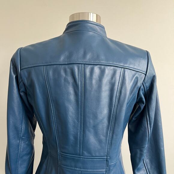 Denim and Company d & co. Blue Leather Jacket Mock Neck Two Way Zip XXSP - Picture 10 of 15